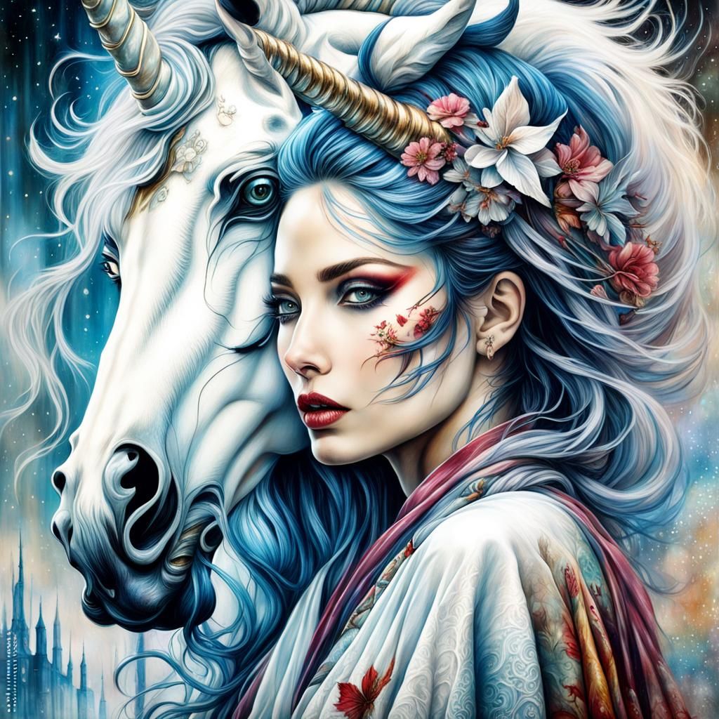 Girl and Unicorn Portrait in Dreamlike Grunge Style