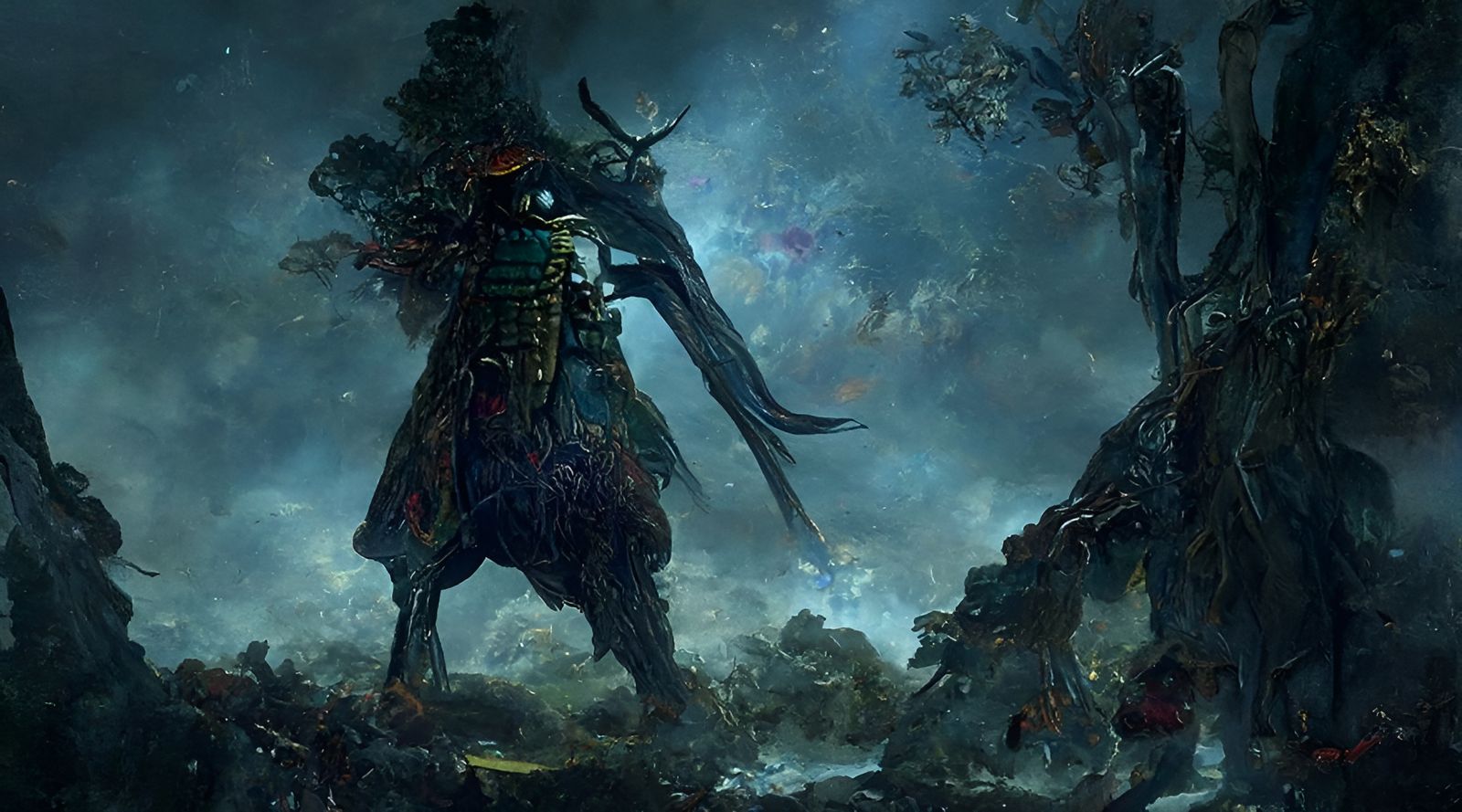 Otherworldly Monster Swordsman in Dark Fantasy Forest