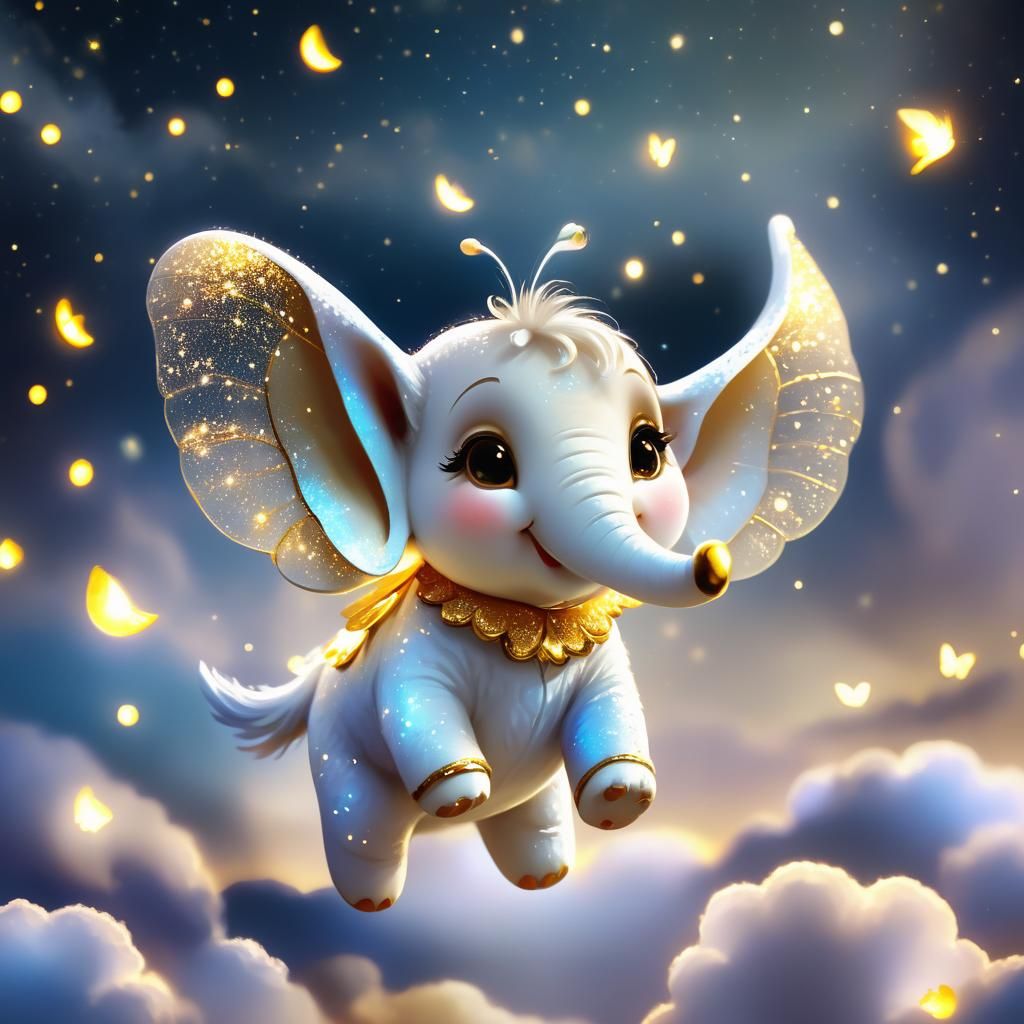 Flying White Elephant in Dreamlike Fantasy
