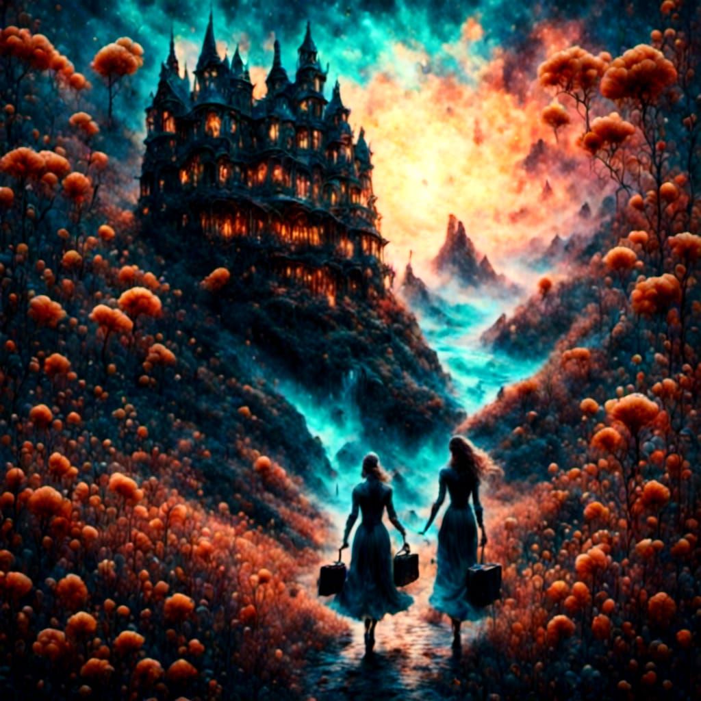 Woman Walks to Seaside House: Gouache Illustration