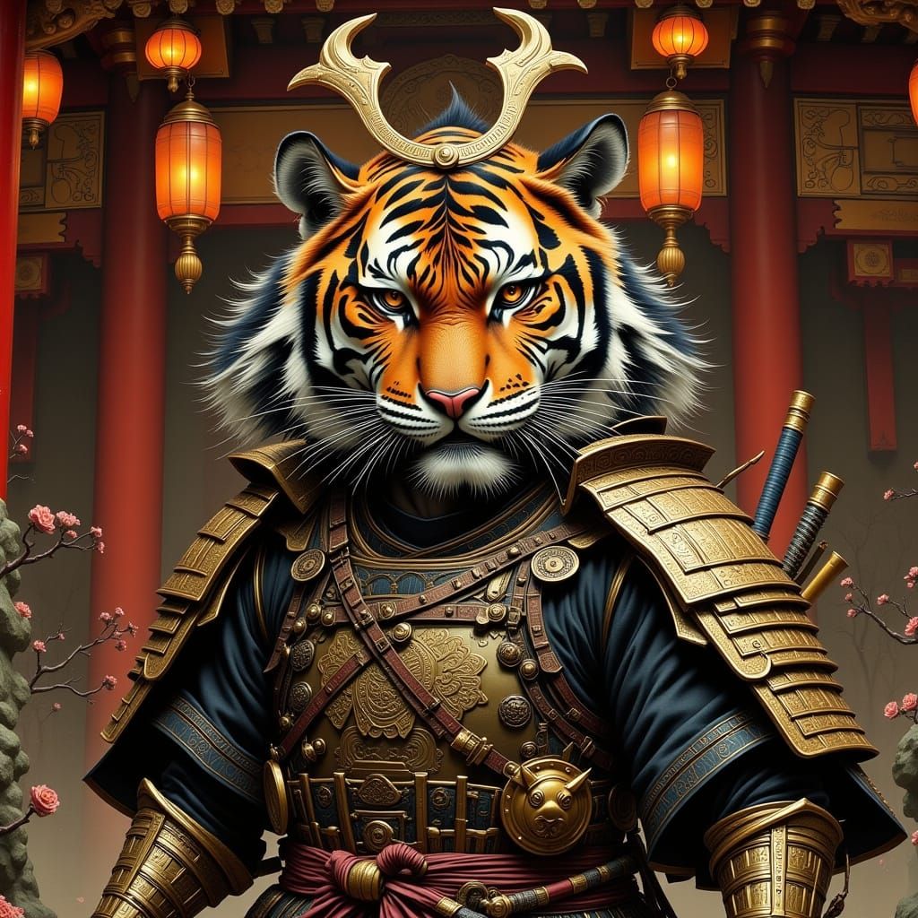 Ornate Tiger Samurai in Japanese Temple