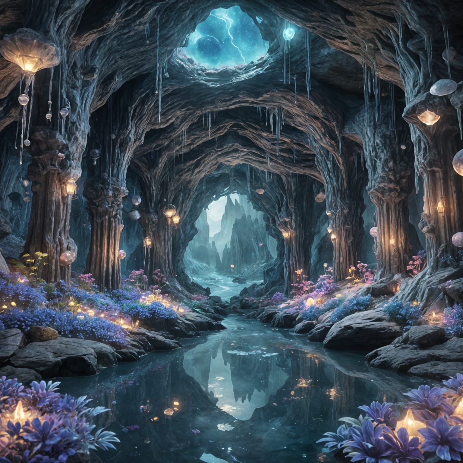 Magical Crystal Cave Dreamscape in Moonlight