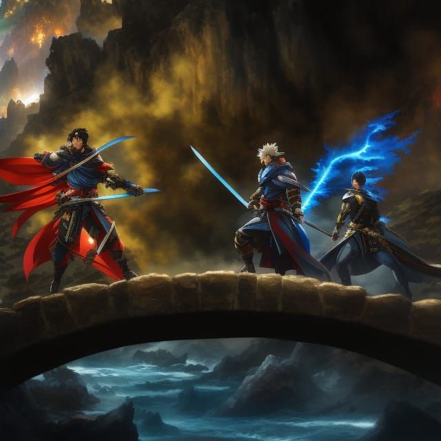 Epic Anime Battle on Stone Bridge in Digital Painting Style