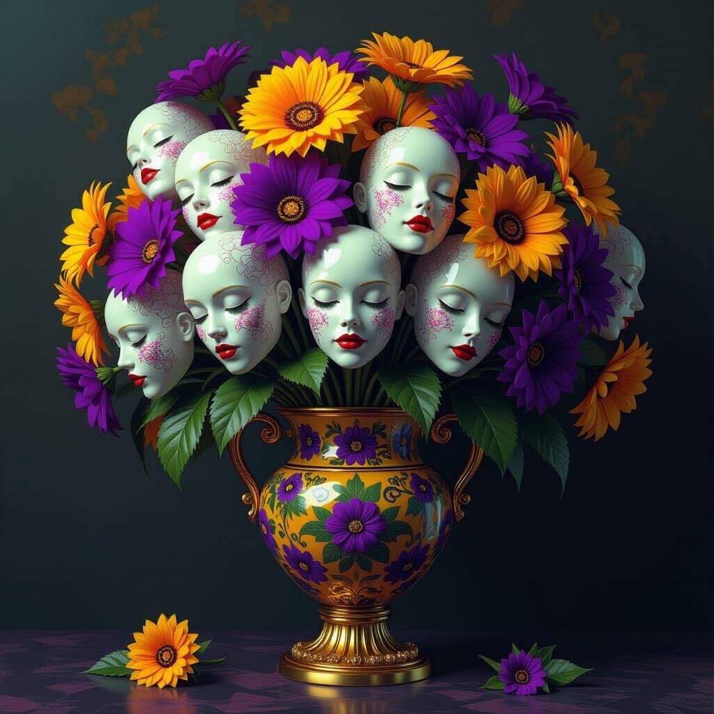 Distorted Floral Faces in a Vase with Legs