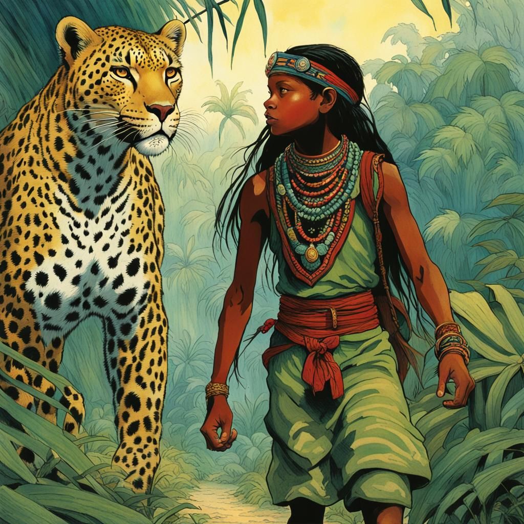 Leopard and Tribal Girl in Tropical Forest