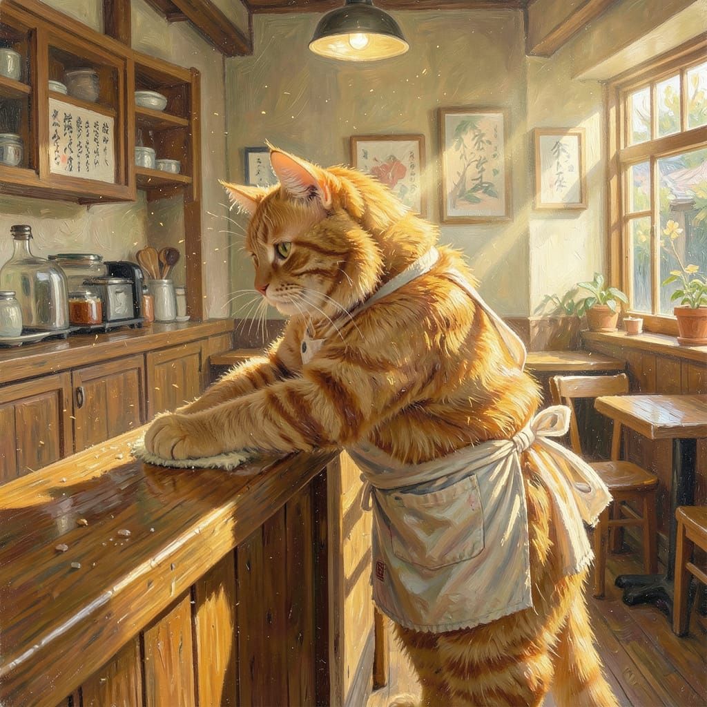 Anthropomorphic Cat Wipes Counter in Sunlit Cafe