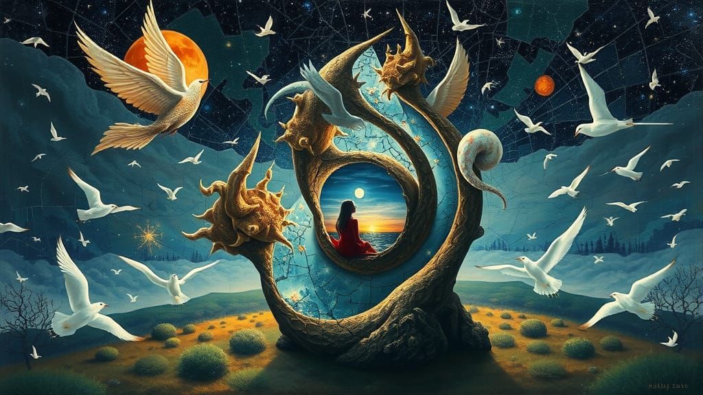 Surreal Sculpture Scene with Mythical Creatures