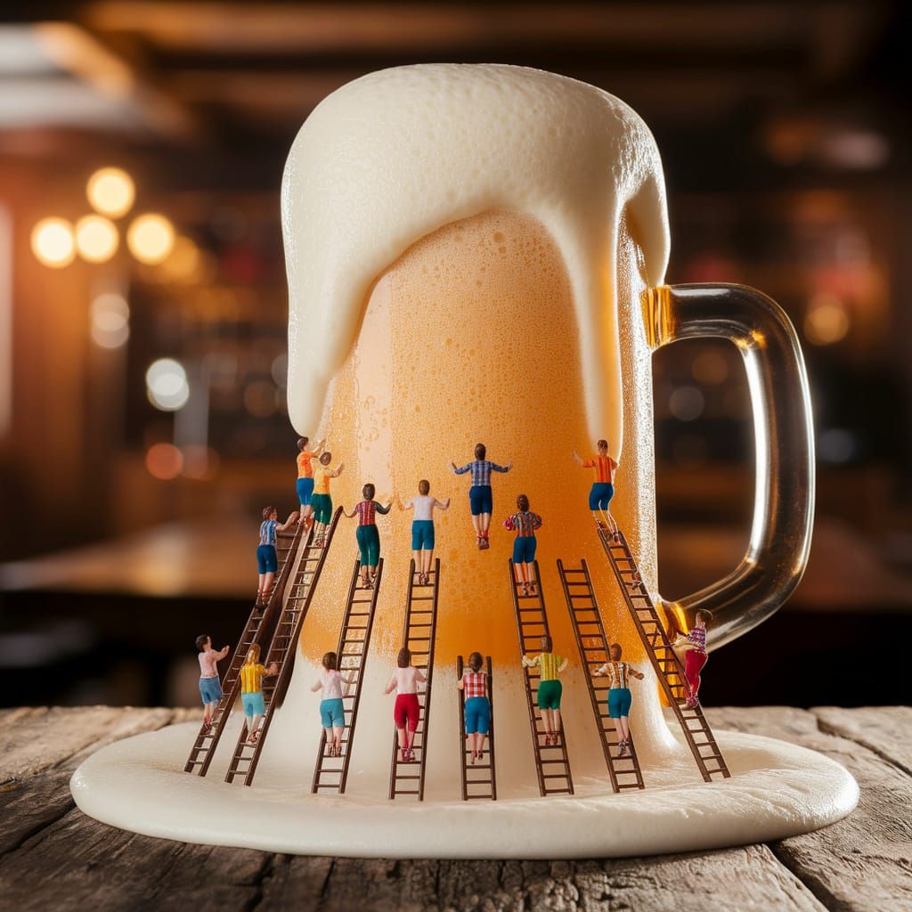 Giant Beer Mug Overflowing with Foam and Tiny People
