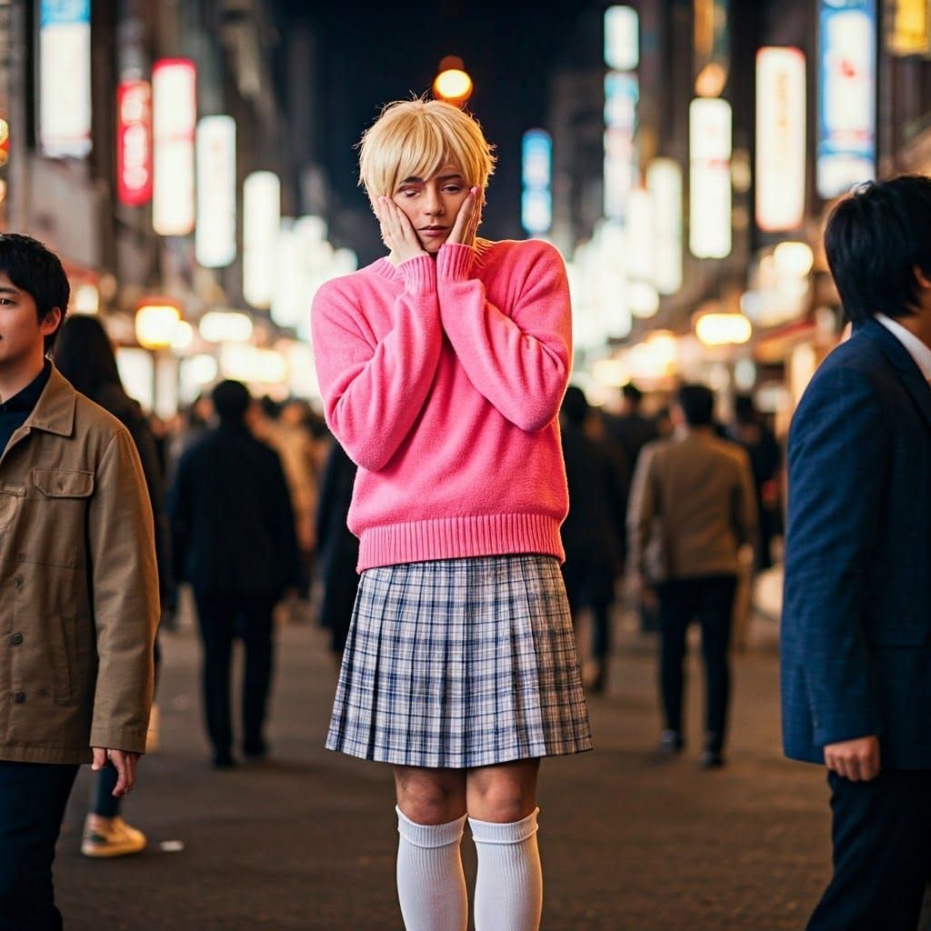 Embarrassed Young Man in Cute Outfit on Tokyo Street