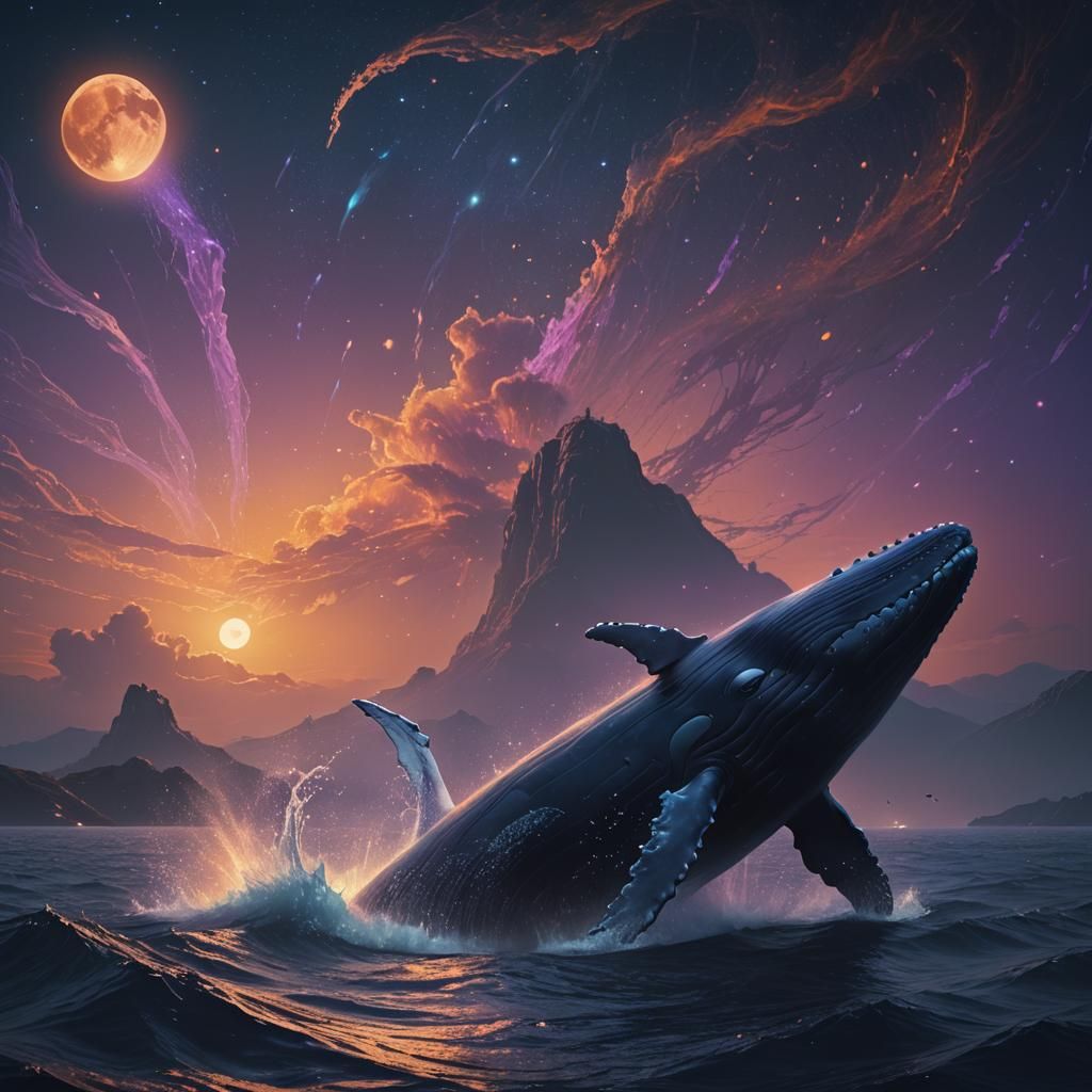Whale Breaching in Moonlit Ocean, Fantasy Concept Art