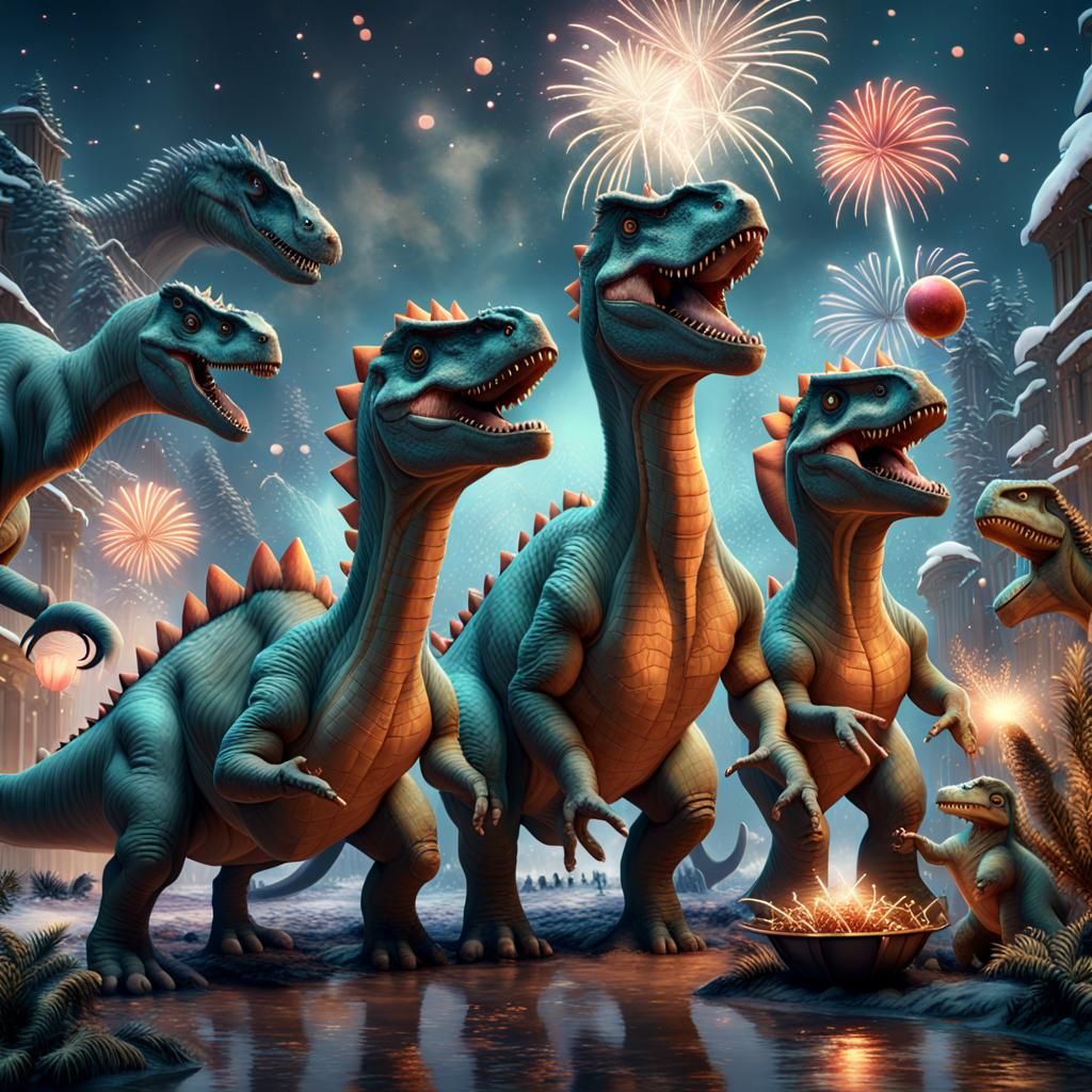 Dinosaurs Celebrate New Year's Eve: Detailed Matte Painting