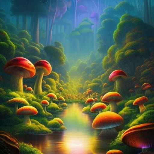 Bioluminescent Mushroom Forest and Distant Castle