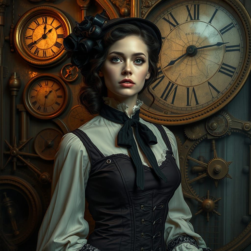 Elegant Woman in Clockwork World, Retro-Futuristic Art