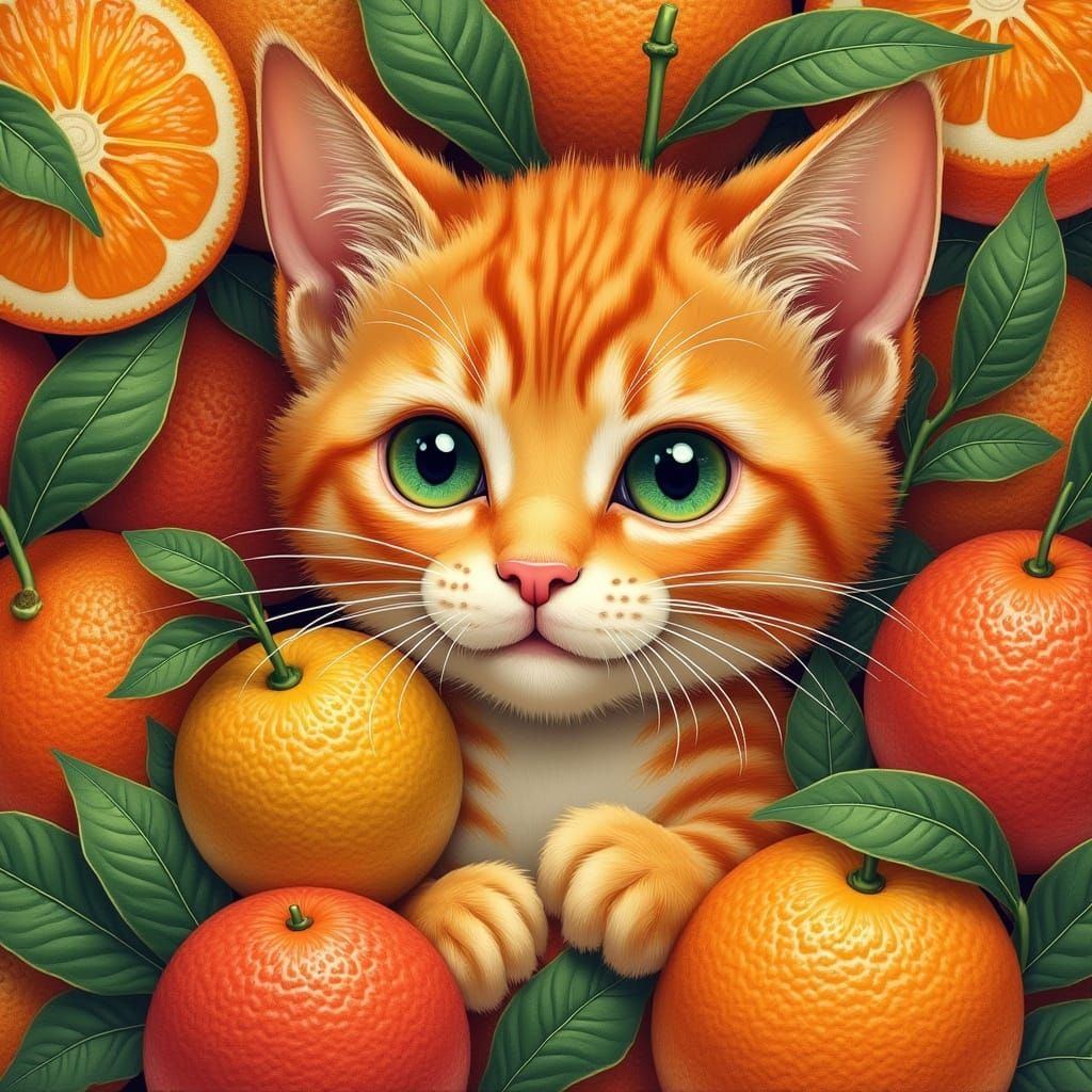 Vibrant Tangerine Tabby Cat in Whimsical Citrus Wonderland