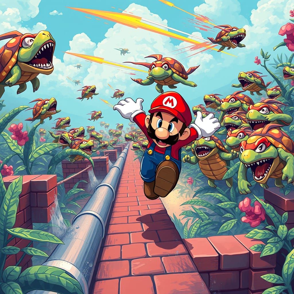 Pixelated Plumber Battles Turtle Horde in Vibrant Retro Gami...