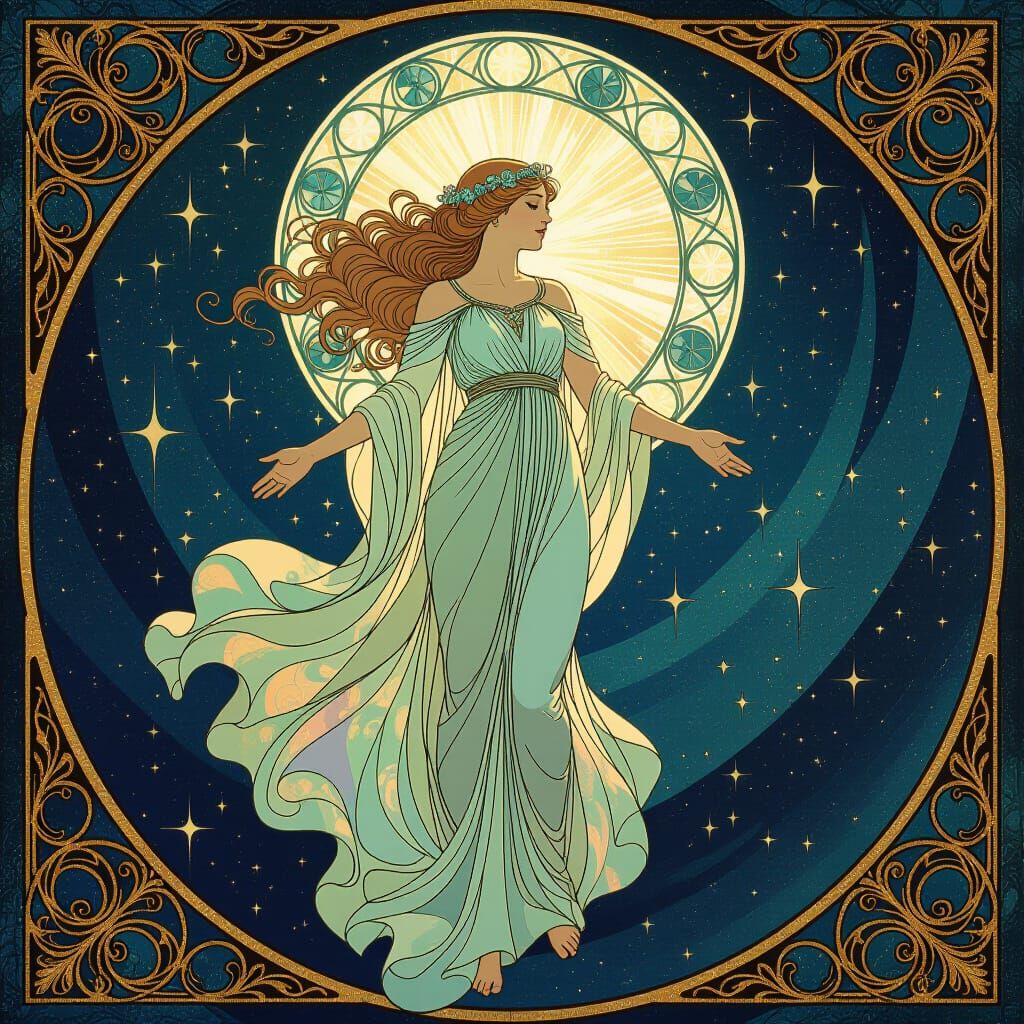 Celestial Jugendstil Goddess in Cosmic Nebula