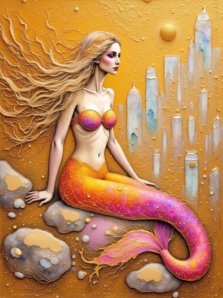 Lost Lemuria: Mermaid in Glowing Ruins Watercolor Painting