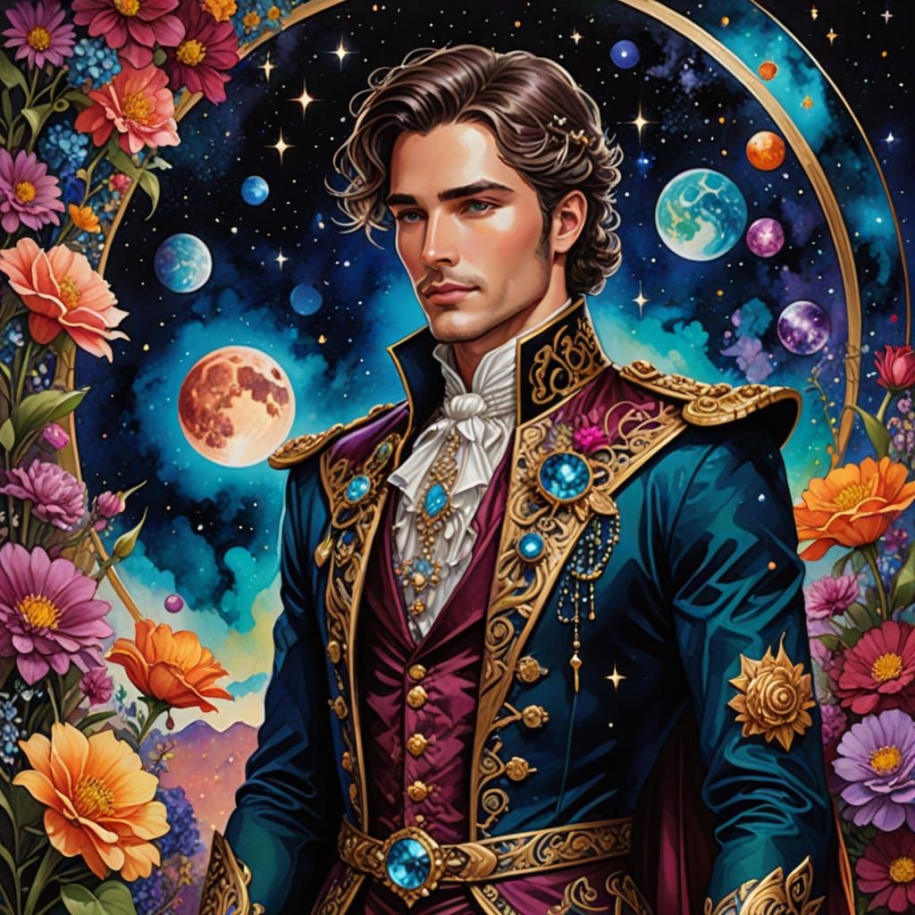 Ethereal Fantasy Gentleman in Exquisite Attire Among Celesti...