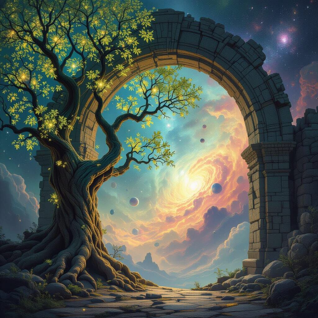 Ancient Bioluminescent Tree Before Cosmic Nebula Archway