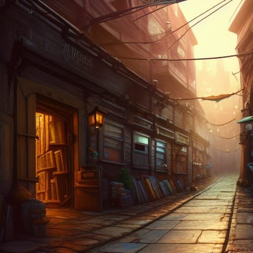 Cozy Alleyway with Books: Detailed Matte Painting