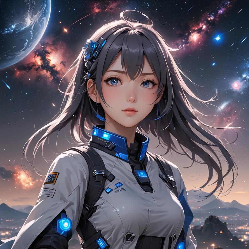 Anime Girl Gazing at Galaxy in 3D Aesthetic Art