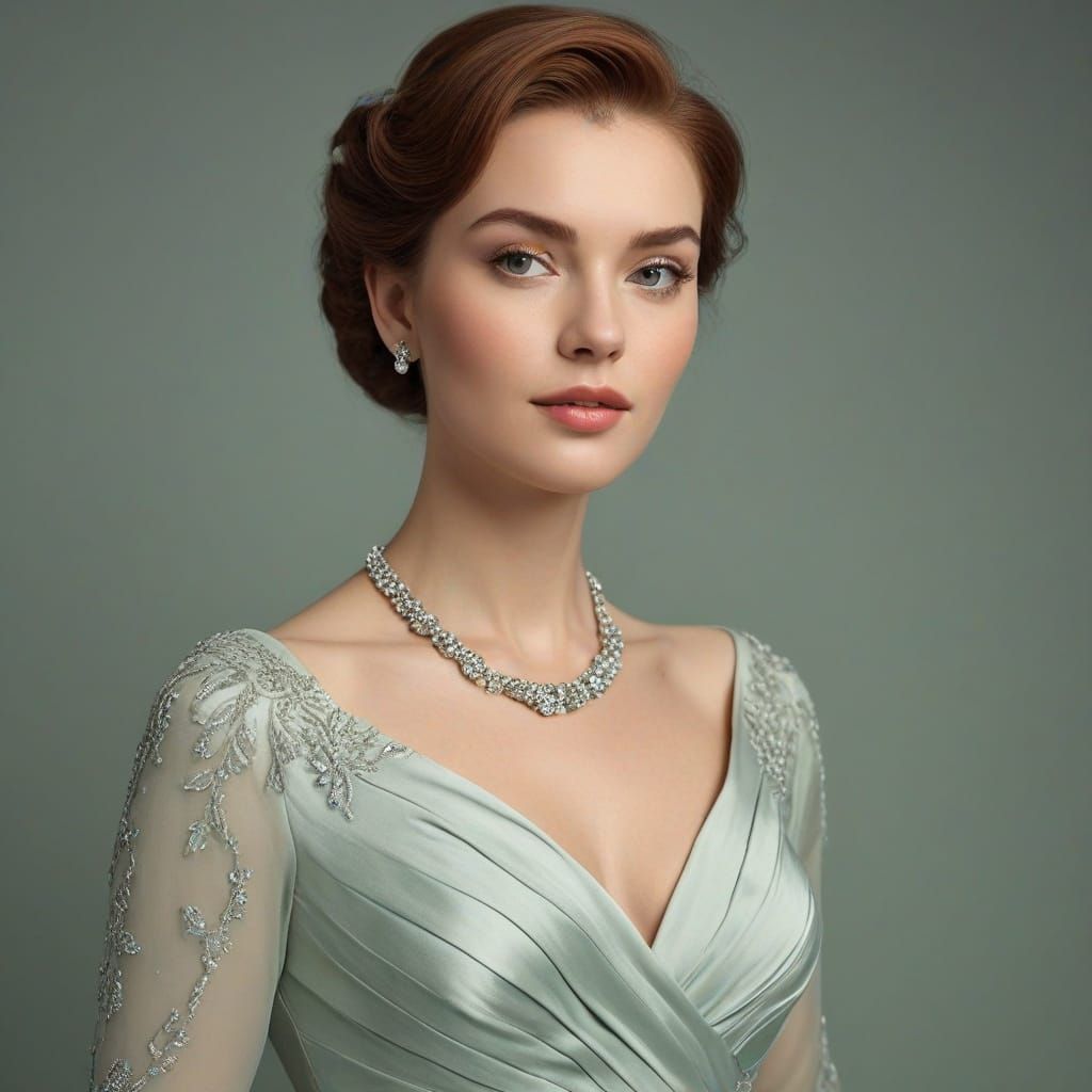 Elegant Woman in Pale Sage Green Satin Gown, Inspired by Cla...