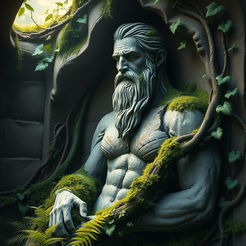 Mystical Sanctuary Statue Overgrown with Emerald Vines
