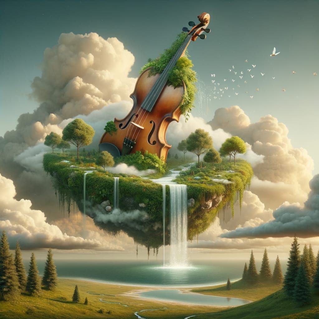 Surreal Violin Levitates Amidst Verdant Clouds