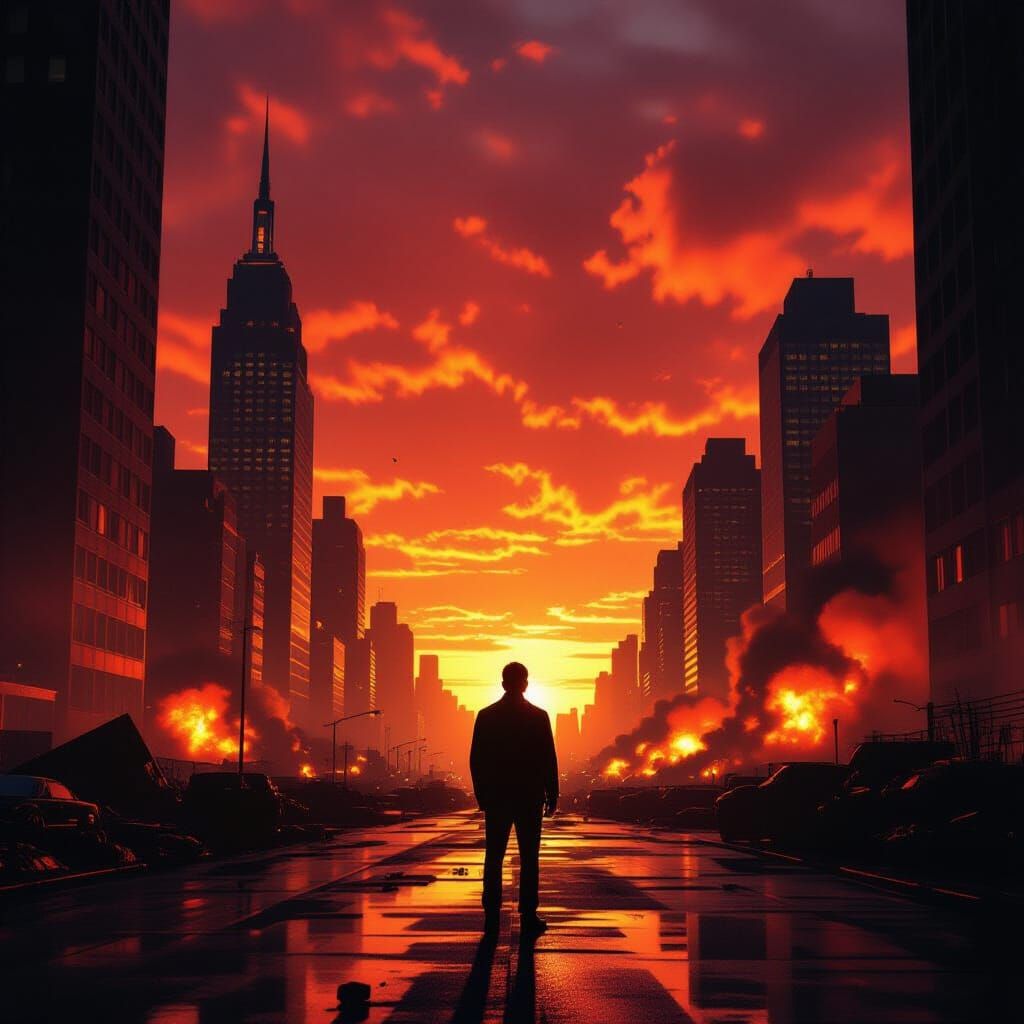 Dramatic Movie Ending with Fiery Sunset Over Chaotic City