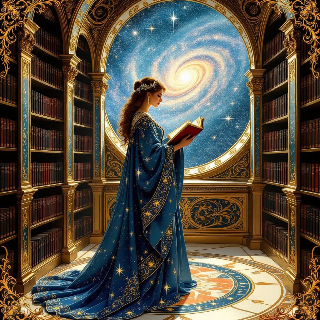 Celestial Librarian in Ethereal Library with Galaxies