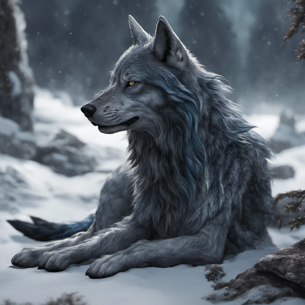 Black Wolf with Blue Fur in Detailed Matte Painting