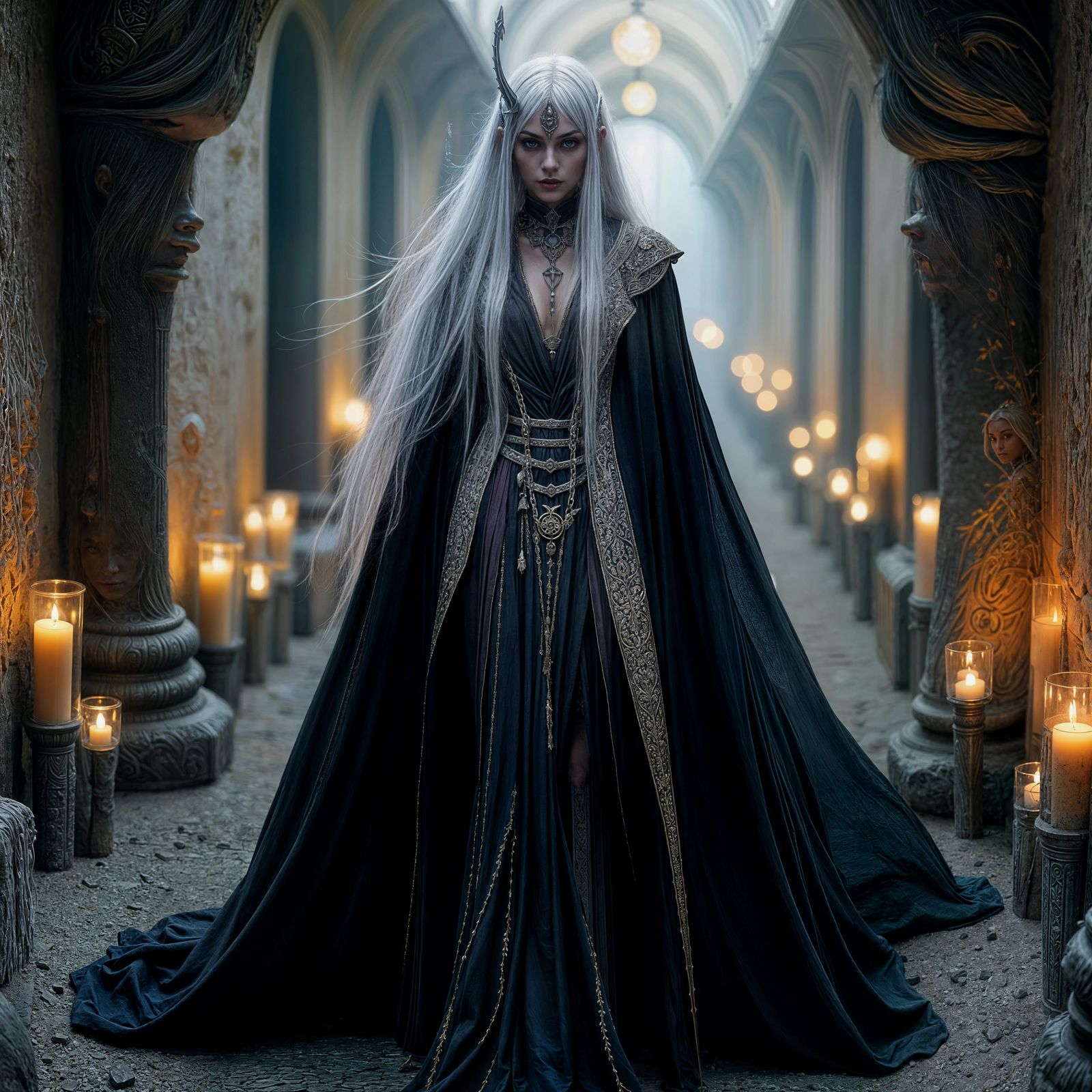Dark Elf Priestess Portrait in Fantasy Temple