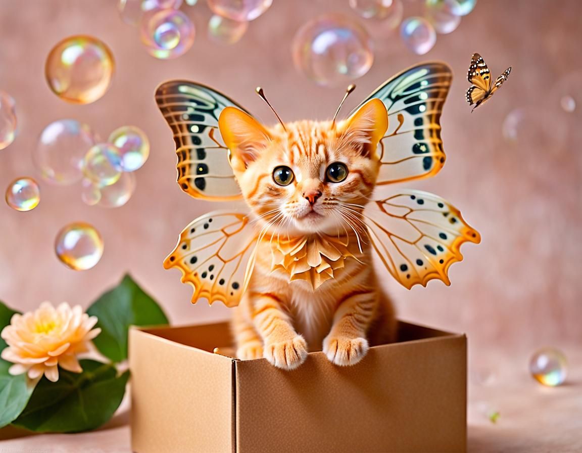 Orange Dragon-Cat Hybrid with Butterfly Wings
