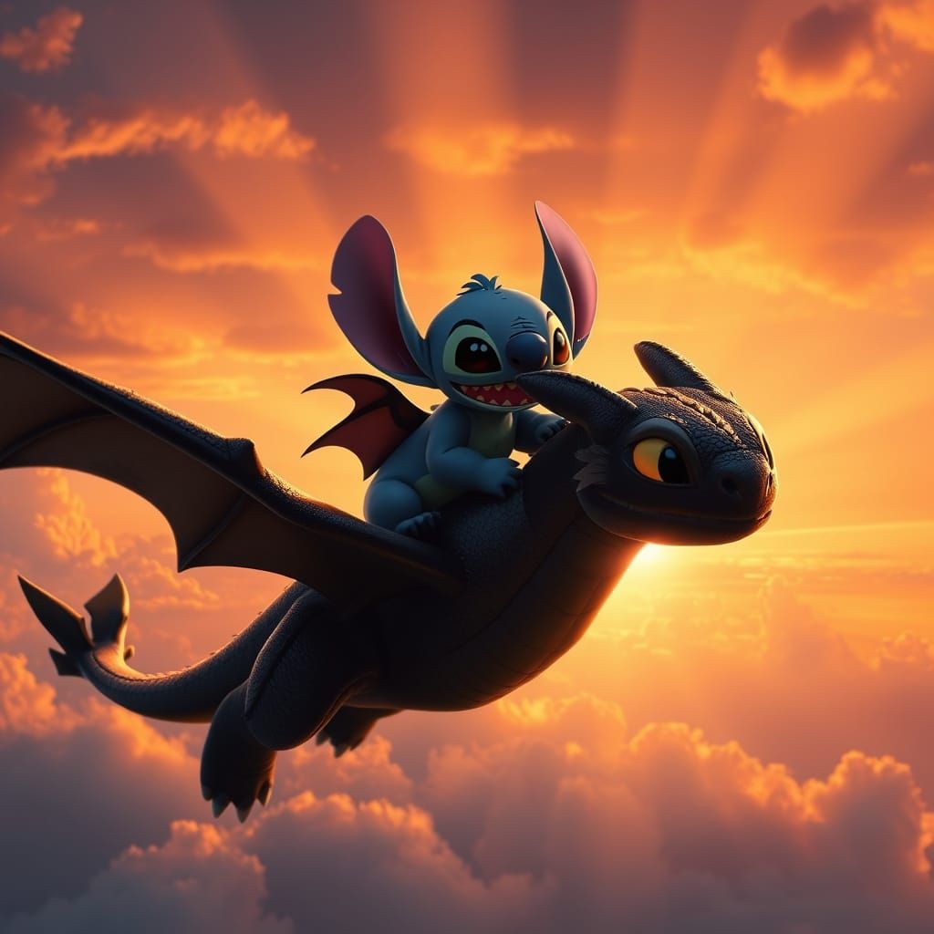 Majestic Dragon and Loyal Companion Soar Through Sunset