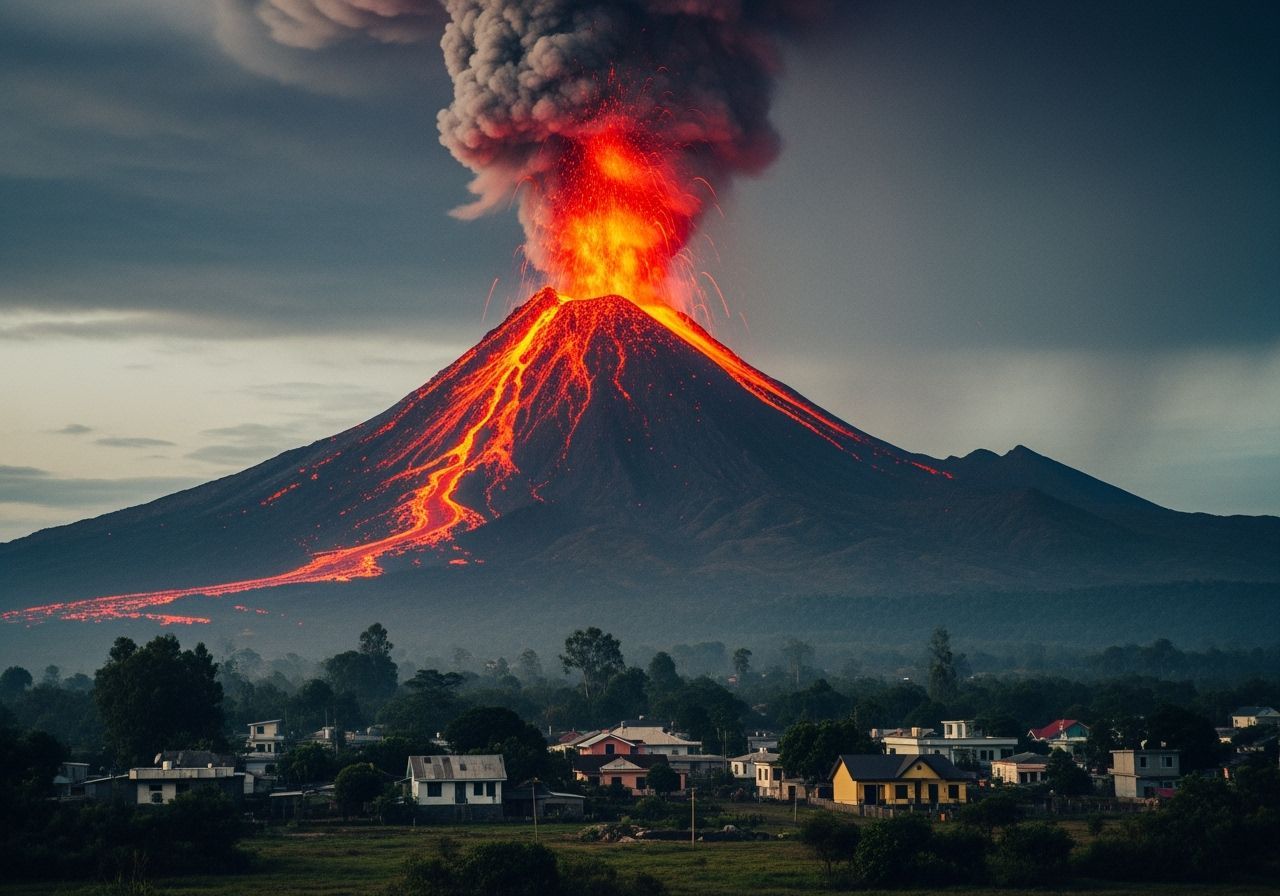 Volcano Eruption with Village in Cinematic Style