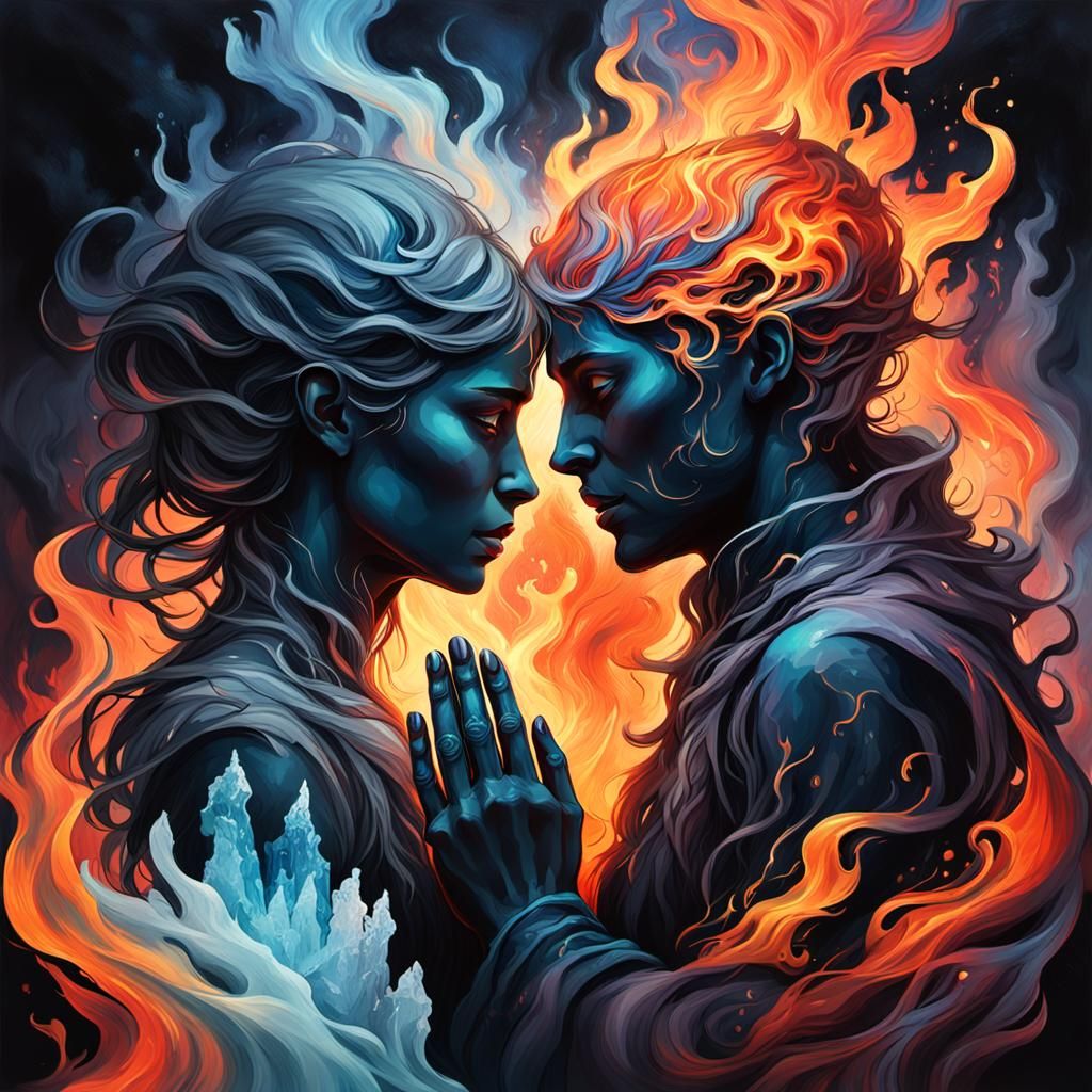 Fiery Ice Embrace: A Dark Fantasy Oil Painting