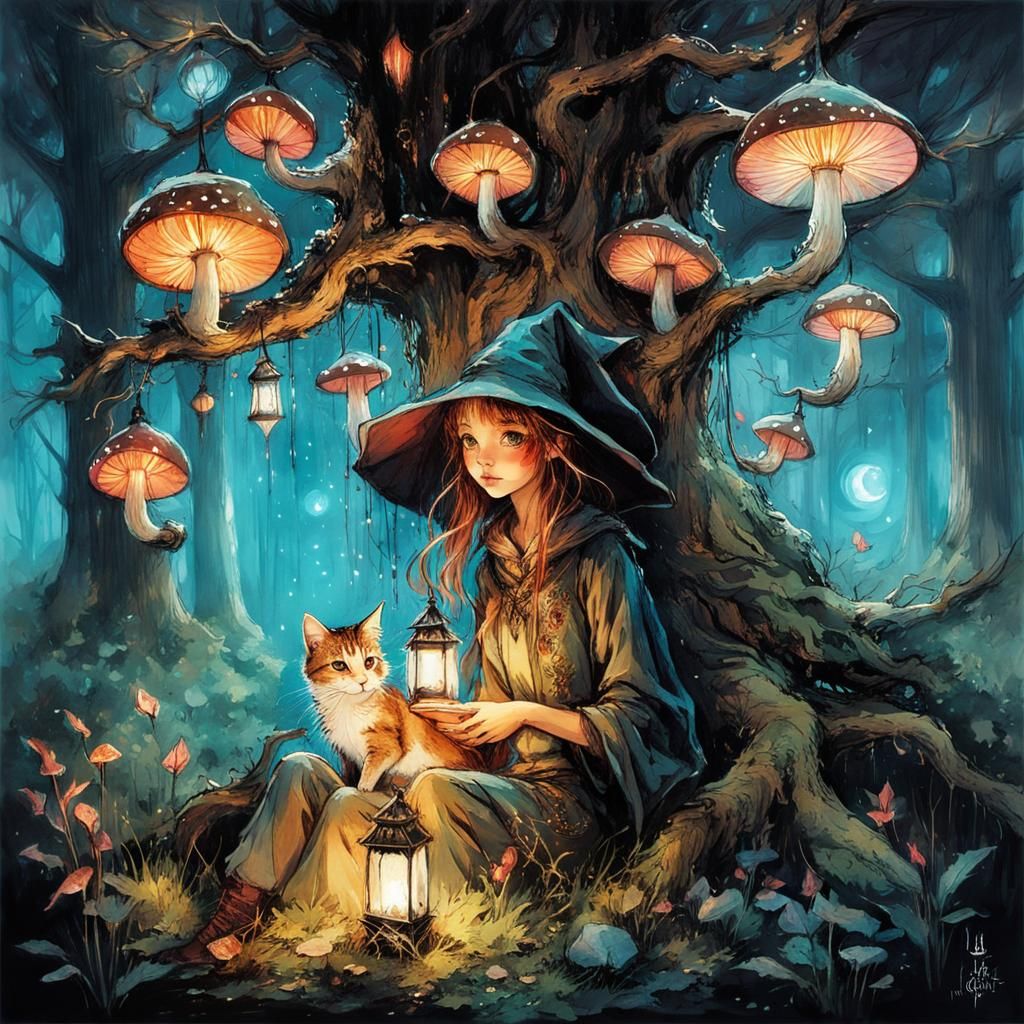 Cute Witch Girl and Cat by Magical Tree