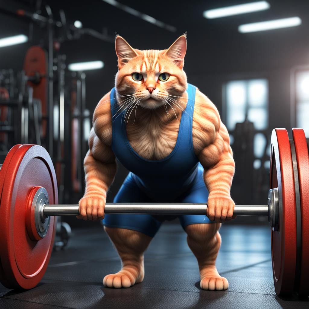 Hyperrealistic Cat Powerlifter in Gym, 8K Render