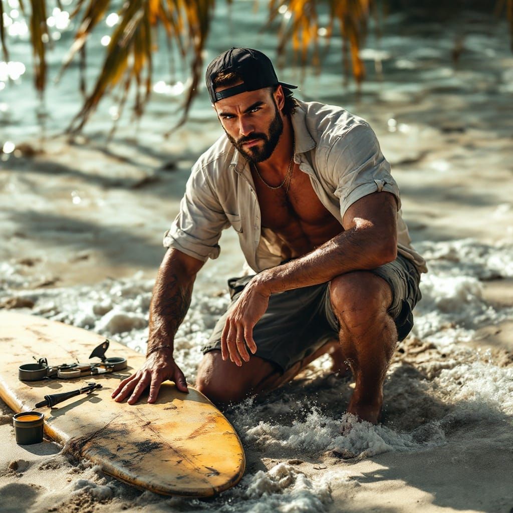 Miami Beach Hunk Waxing Surfboard: Baroque Maximalism