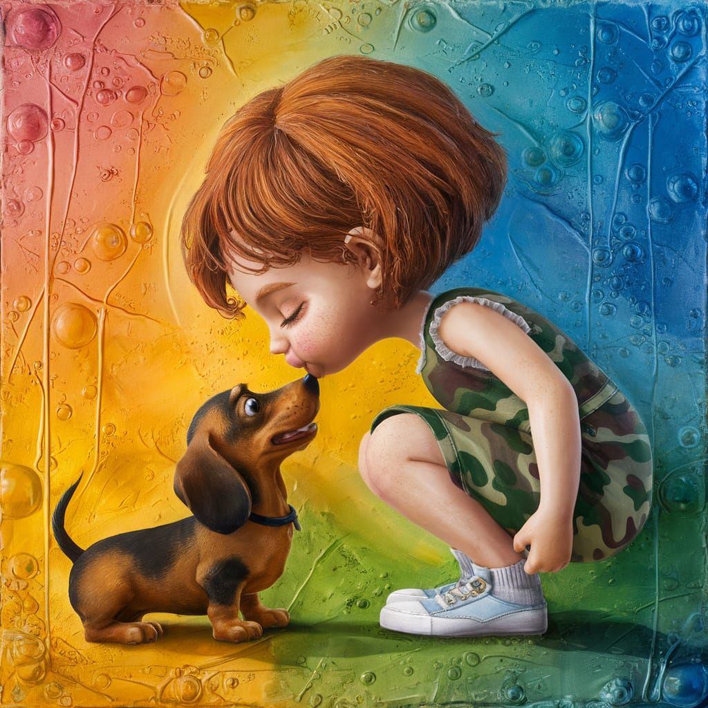 Girl Kisses Puppy in Wet Oil and Ink Painting