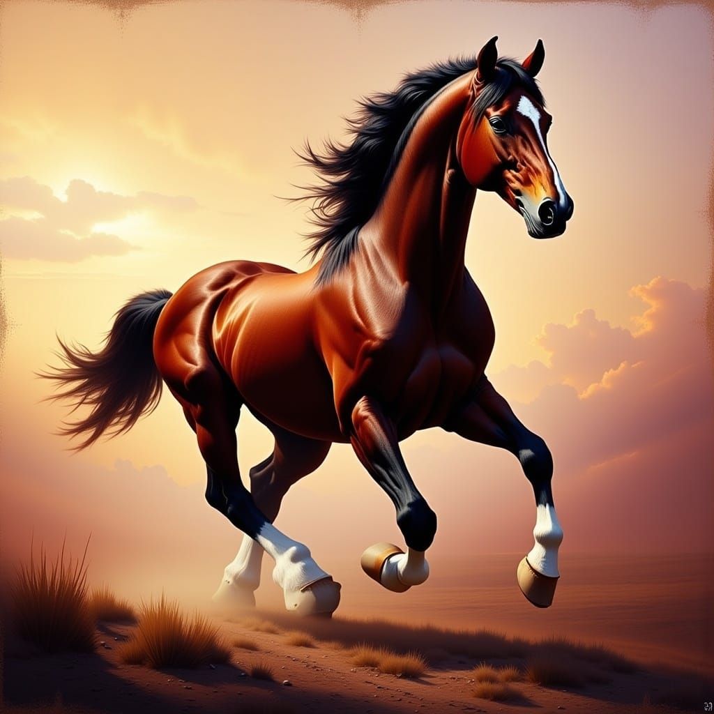 Wild Horse Gallops into Golden Hour Sunset