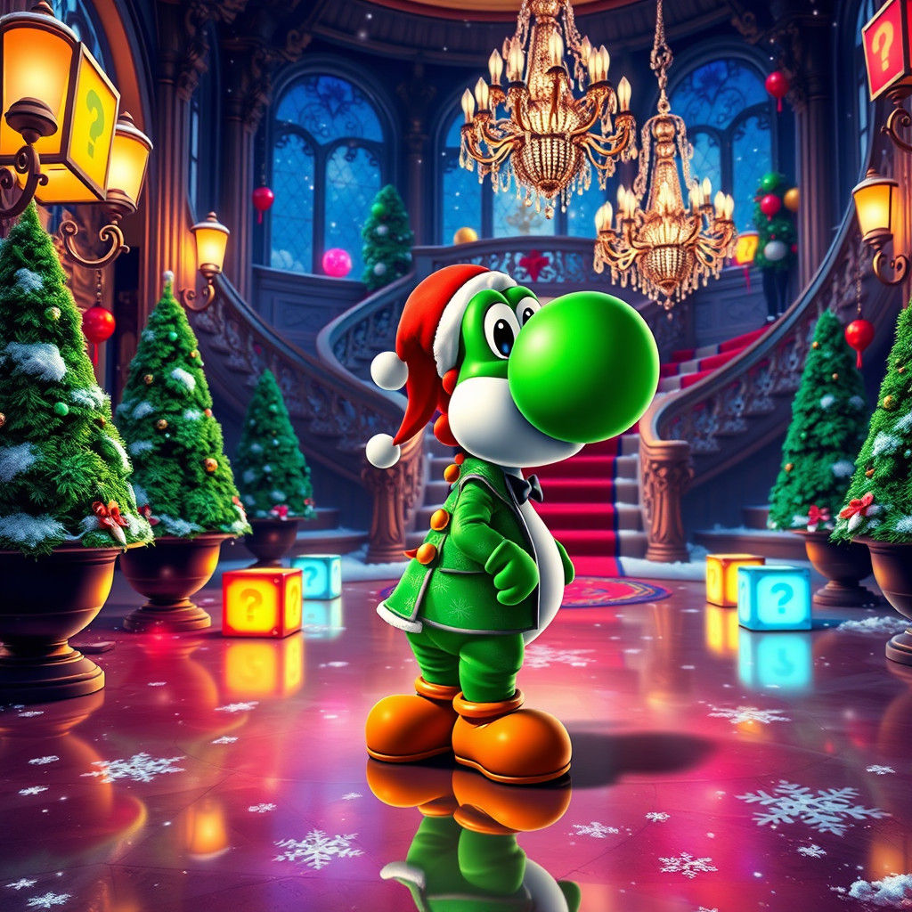 Yoshi in Super Mario World Mansion: Christmas Scene