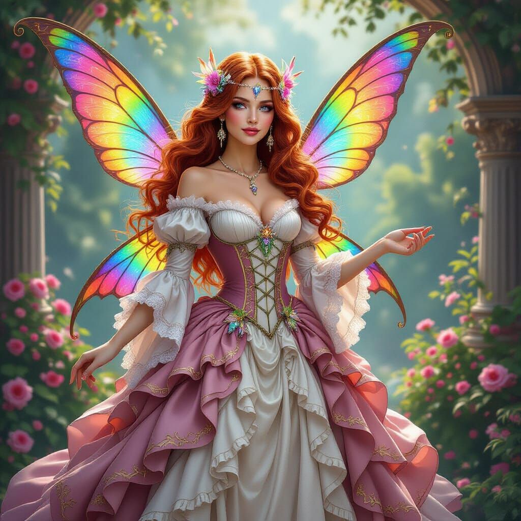 Faerie of Happiness in Opulent Rococo-Baroque Gown