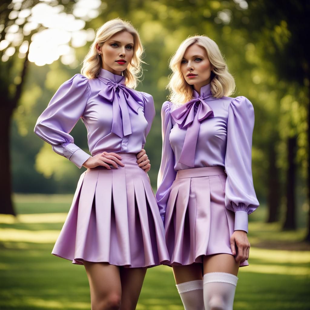 Blonde Women in Lilac Satin in Park Photo