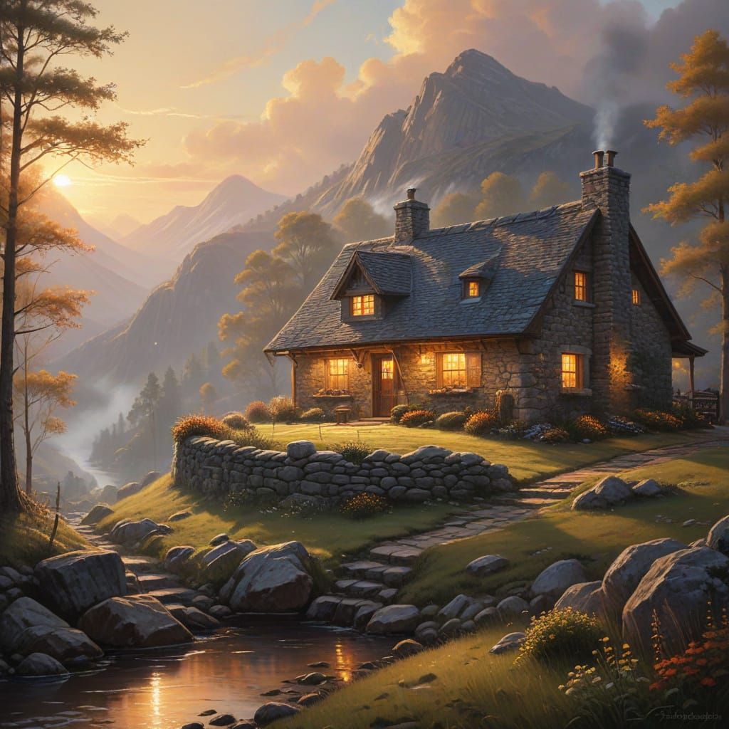 Sunrise Over Mountain Cottage in Painterly Style