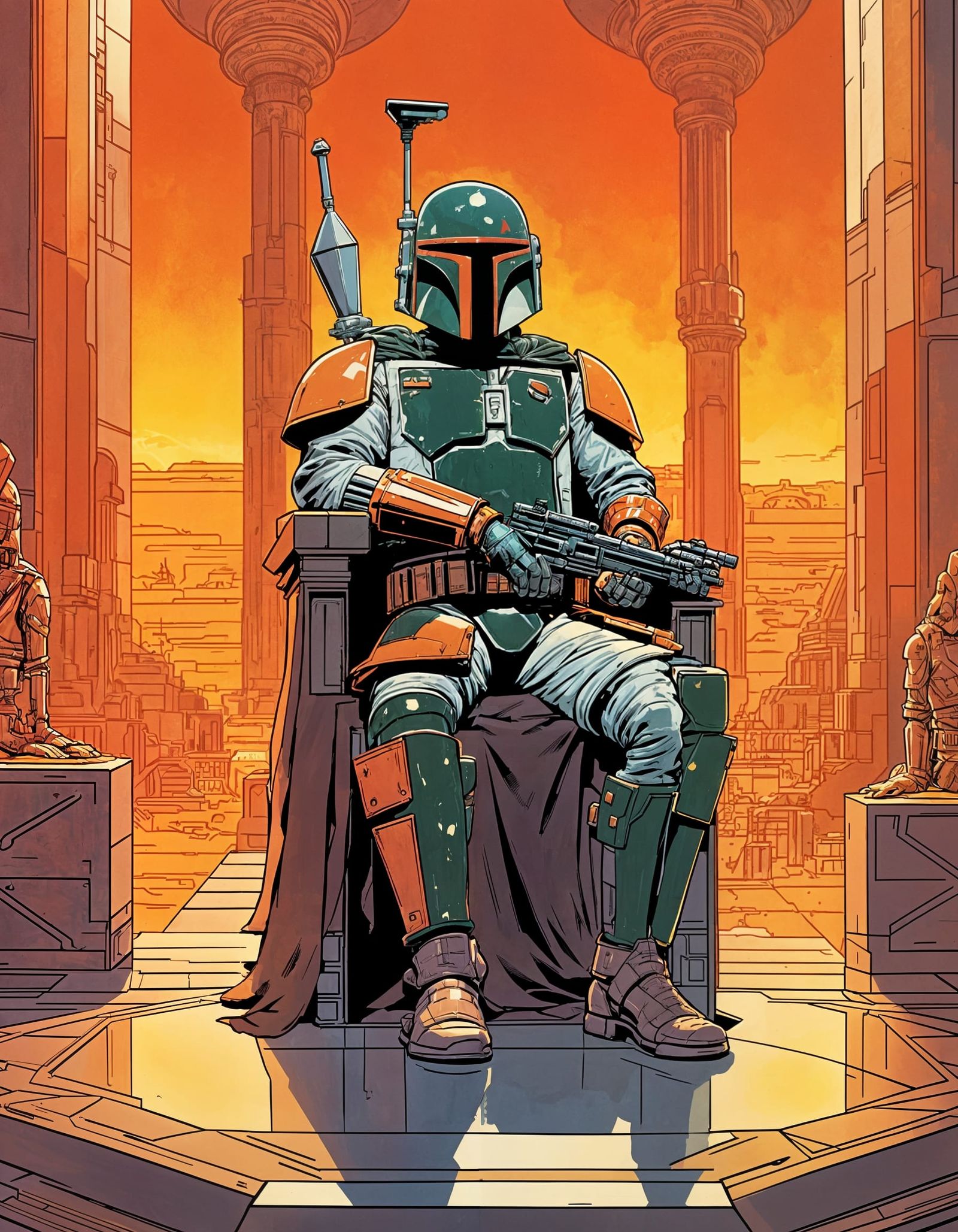 Boba Fett on Throne in Comic Book Style