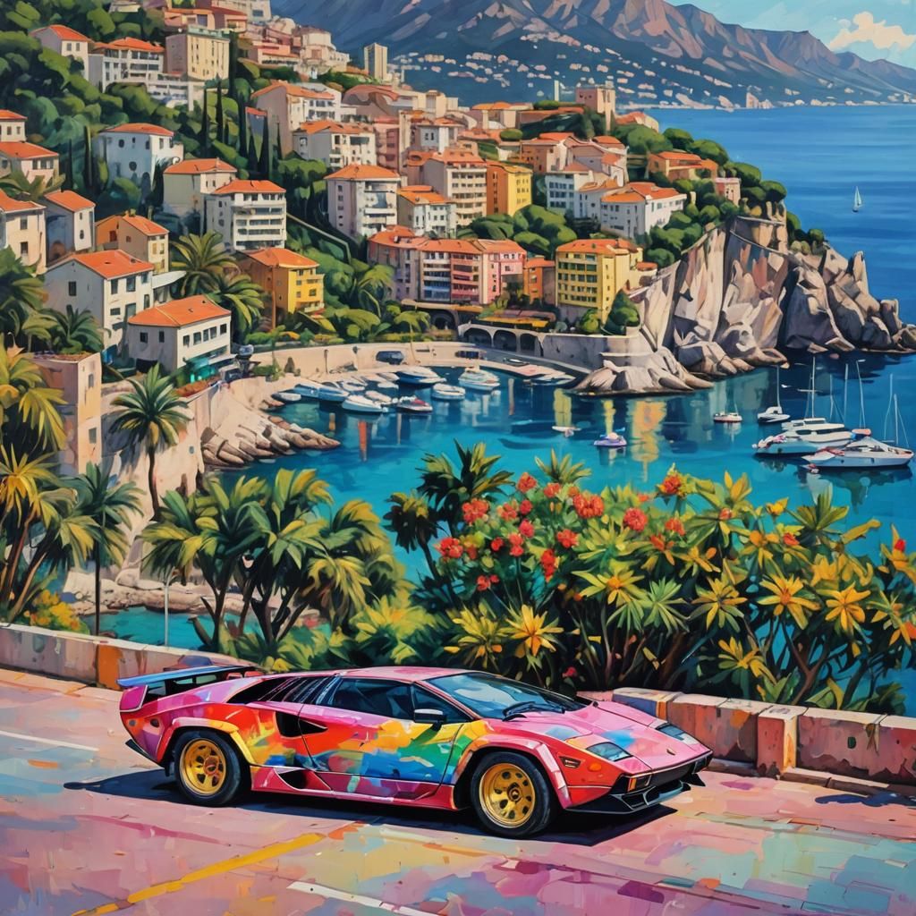 Rainbow Lamborghini Countach in Neo-Impressionist Style