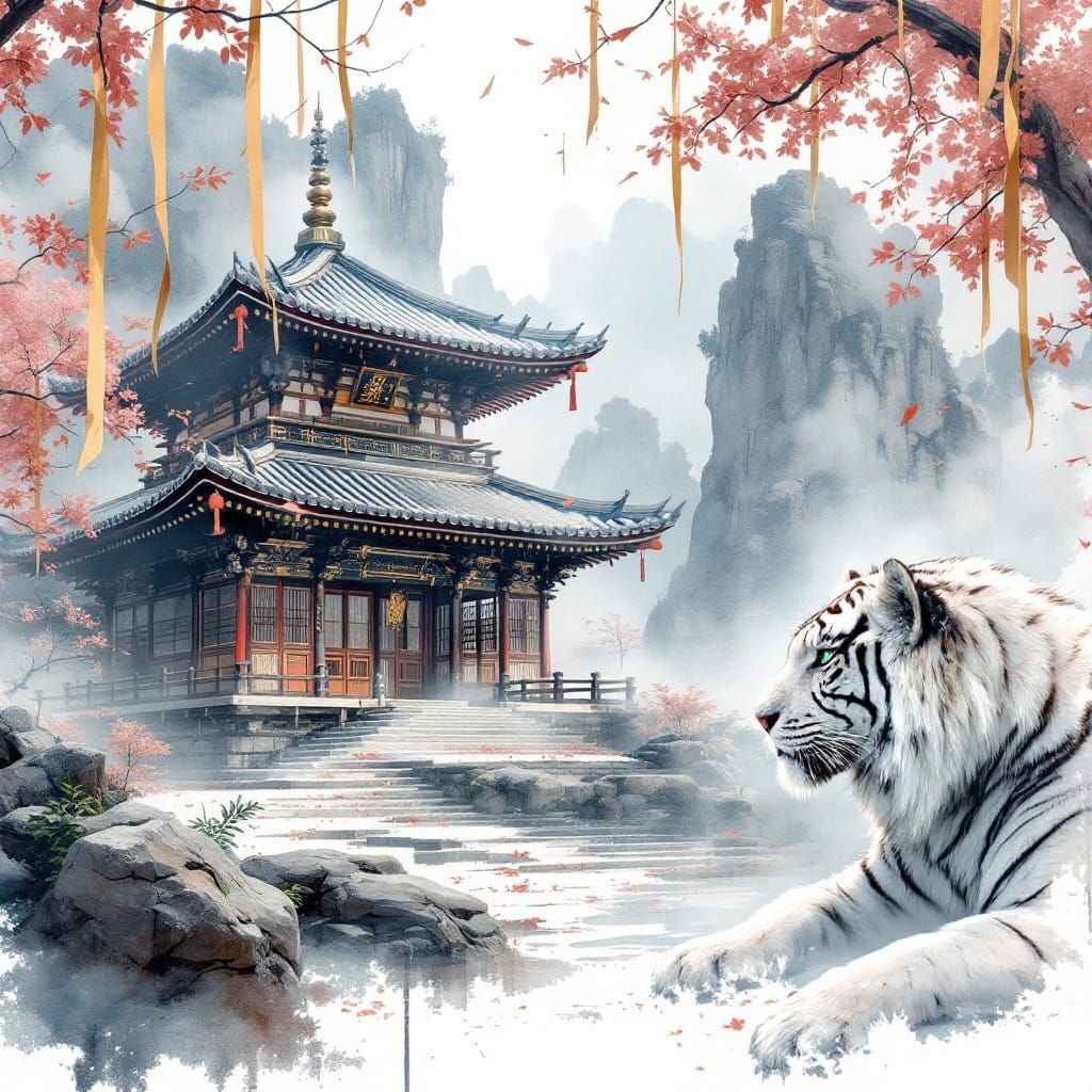 Misty Japanese Temple Sanctuary with Majestic White Tiger