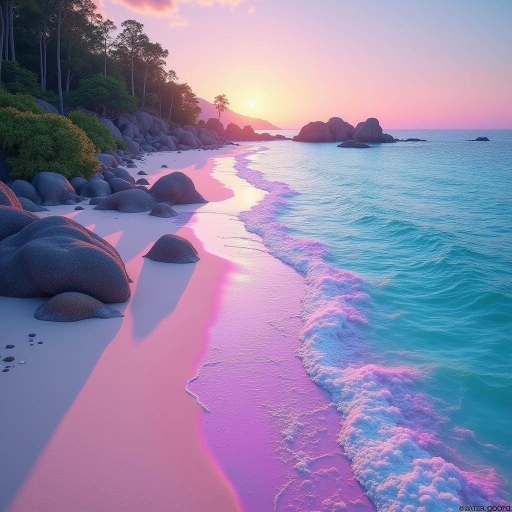 Iridescent Beach Sunset with Bioluminescent Sand