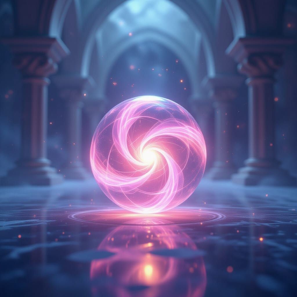 Radiant Orb of Thought Energy in Cosmic Courtyard